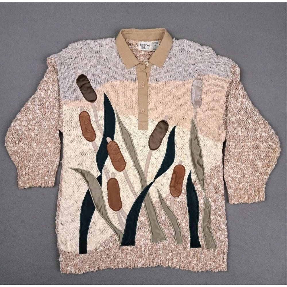 Vintage 80s Knit Sweater Women Medium Nature Embroidered Cattails ¾ Sleeve 19x27
